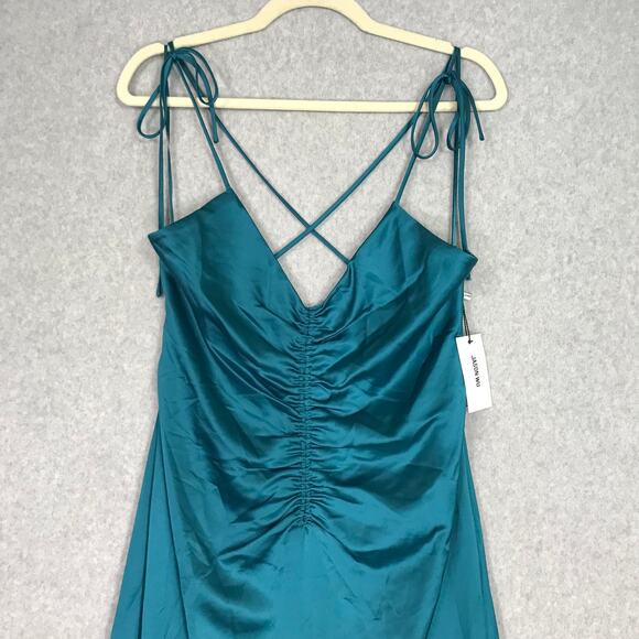 Jason Wu Midi Slip Dress Large‎ Blue Satin Ruched Strappy Silky Criss Cross Back - Picture 2 of 12